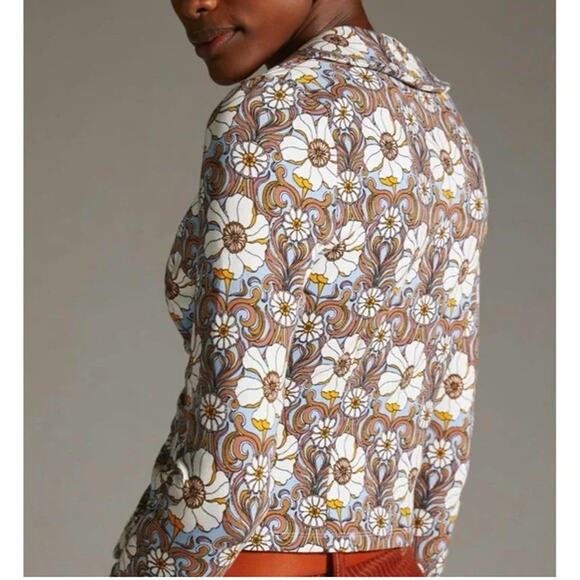 Maeve by Anthropologie Floral Ruched Button-Up Shirt Blue/Brown/White Women's M - Picture 2 of 11